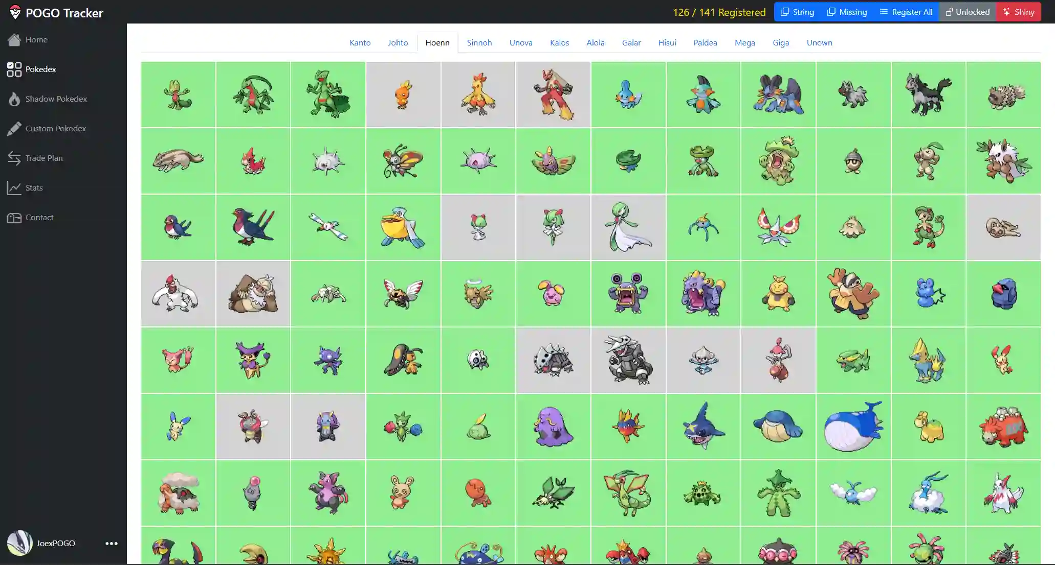 POGOTracker interface displaying a Pokemon GO collection grid
